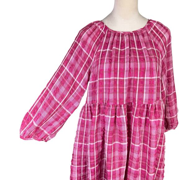 Madewell Azalea Pink & White Plaid Shirred Pockets Babydoll Summer Mini Dress - Picture 9 of 14